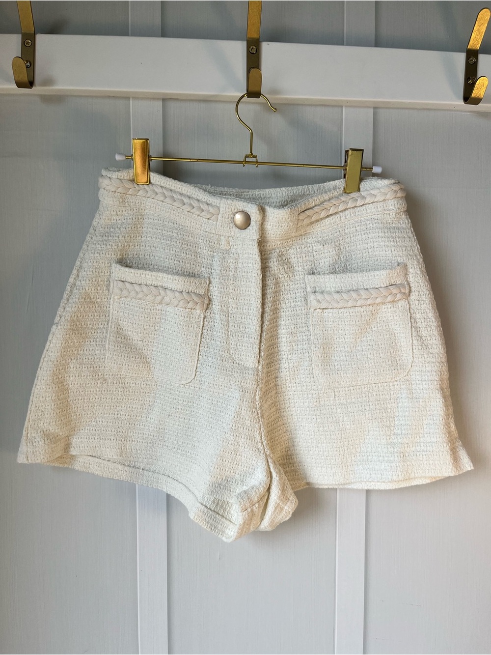High-Waist Cream Textured Shorts with Braided Trim Detail